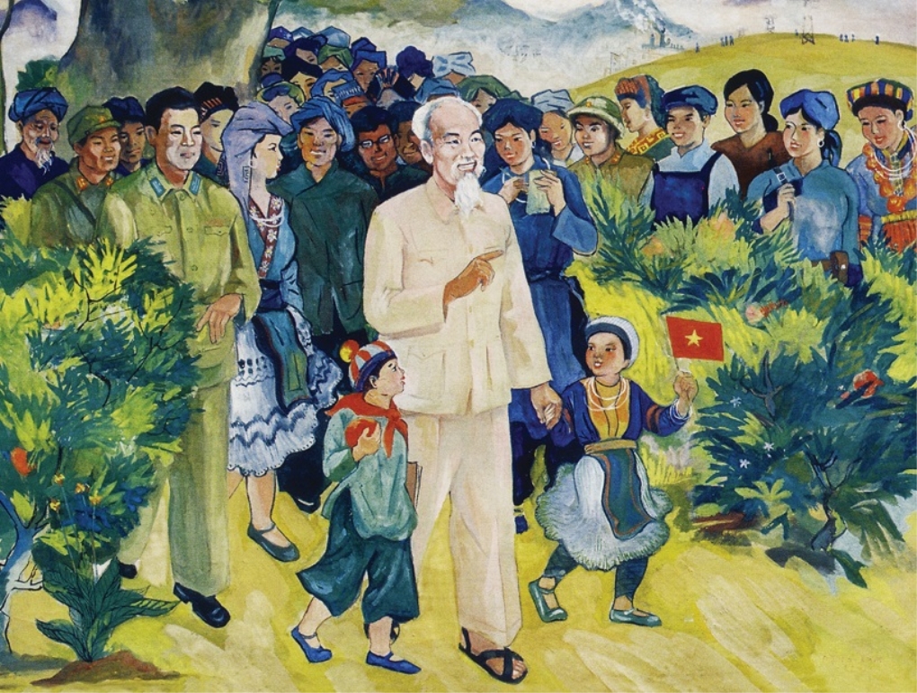Bác Hồ với đồng bào các dân tộc. (Tác giả: Đặng Nam/Bảo tàng Mỹ thuật Việt Nam).