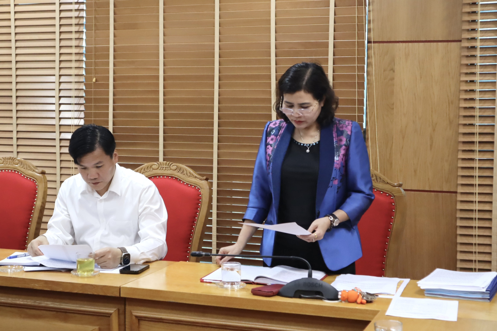 Trưởng Ban Tổ chức Tỉnh ủy Nguyễn Thúy Anh báo cáo tại cuộc họp