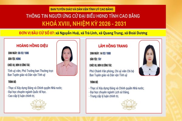 Giới thiệu thông tin 02 nhân sự thuộc Ban Tuyên giáo và Dân vận Tỉnh ủy ứng cử đại biểu HĐND tỉnh Cao Bằng khóa XVIII, nhiệm kỳ 2026 - 2031