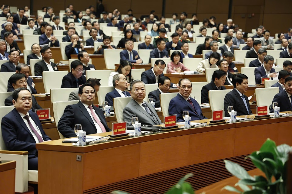 Các đồng chí lãnh đạo Đảng và Nhà nước; nguyên lãnh đạo Đảng và Nhà nước tham dự Hội nghị - Ảnh: VGP/Nhật Bắc