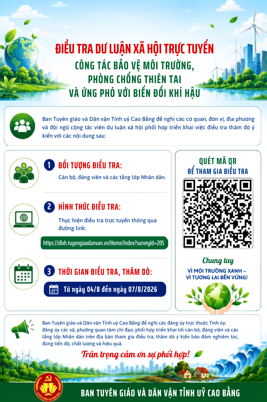 Ban Tuyên giáo và Dân vận Tỉnh ủy triển khai điều tra dư luận xã hội trực tuyến về công tác bảo vệ môi trường, phòng, chống thiên tai và ứng phó với biến đổi khí hậu